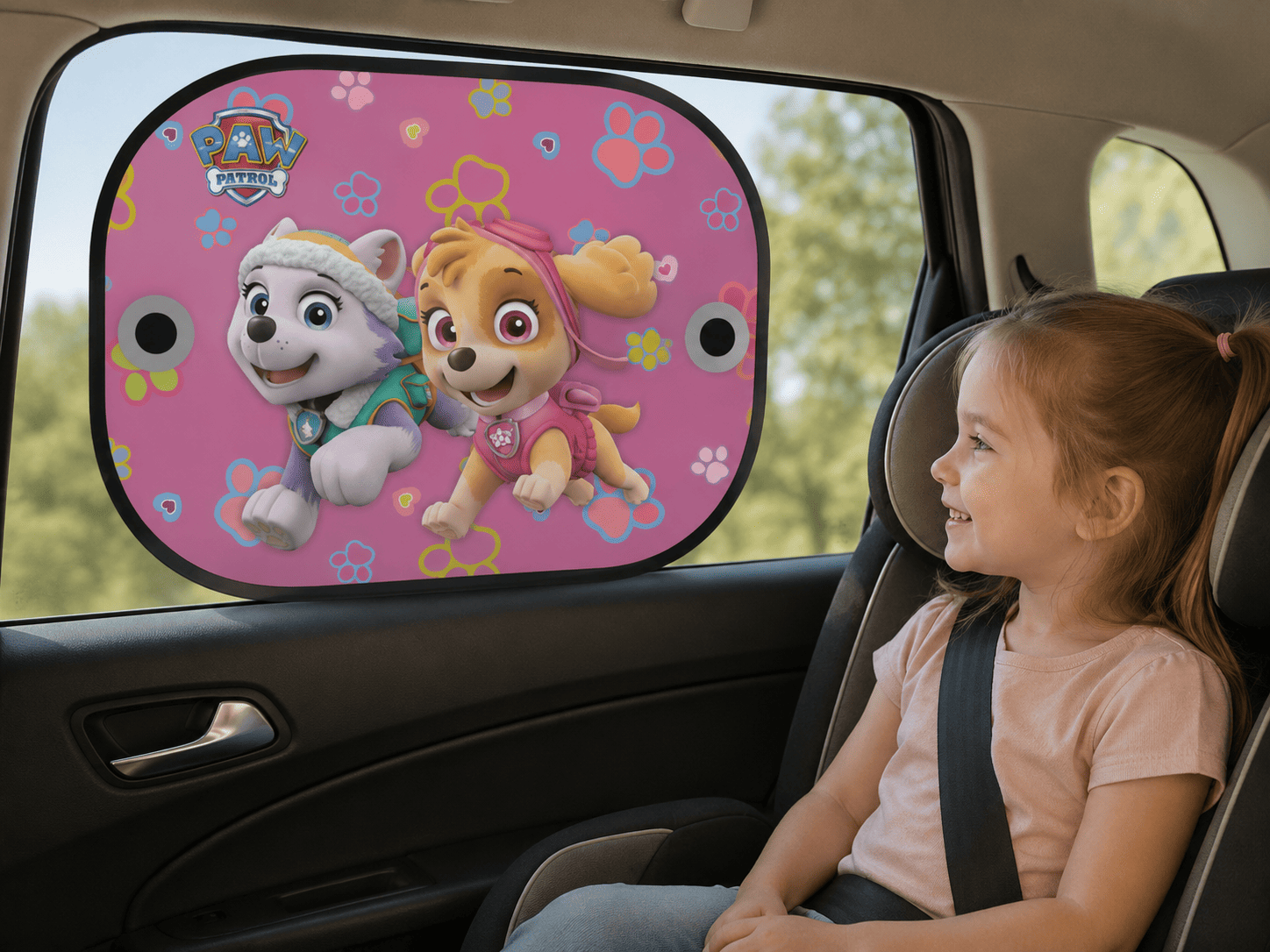 Ružová slnečná clona do auta Paw Patrol na bočnom okne automobilu